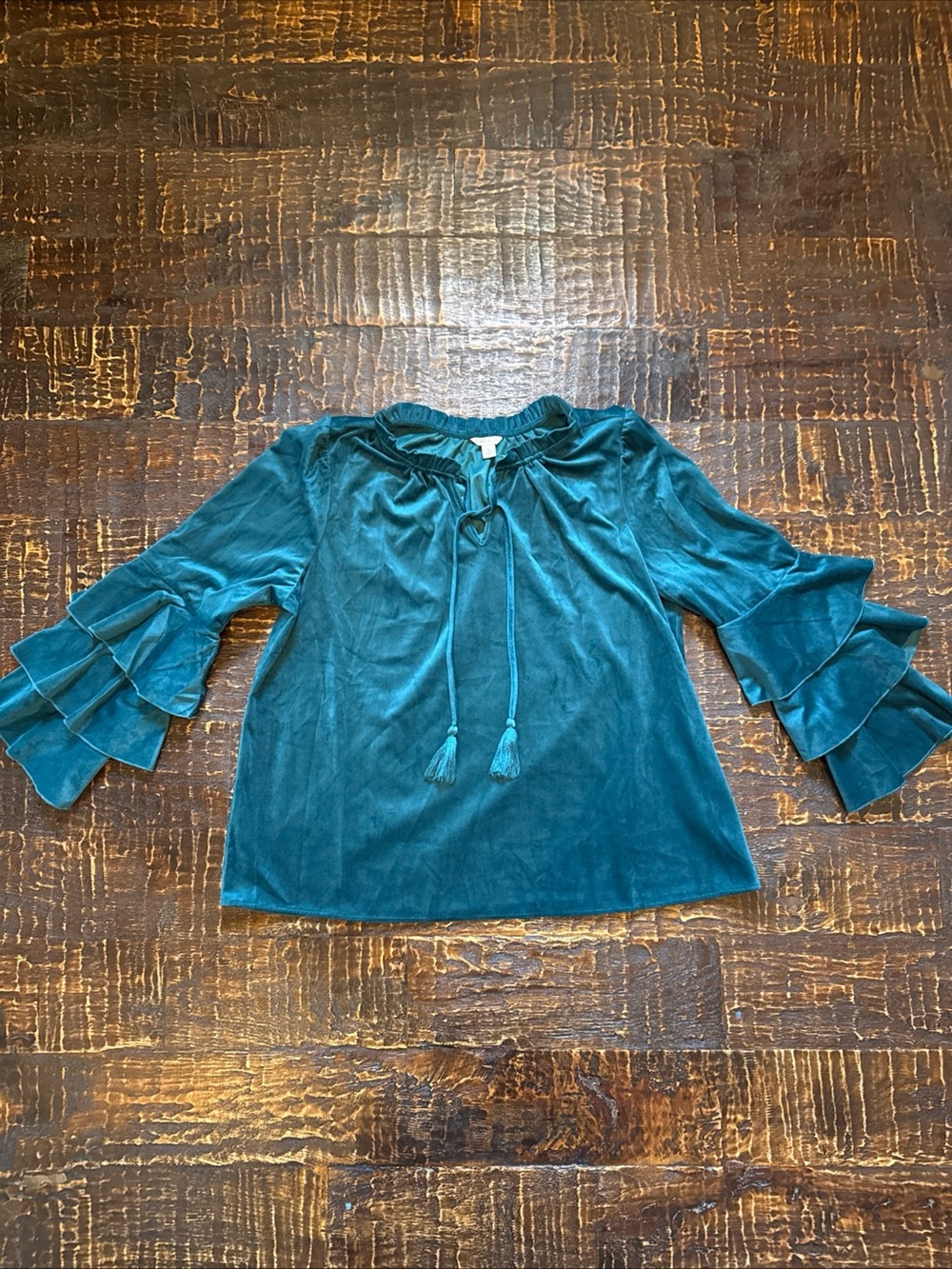 Whimsigoth Romantic Boho Peasant Top Teal Velvet Tassels Ruffle-Sleeve Blouse